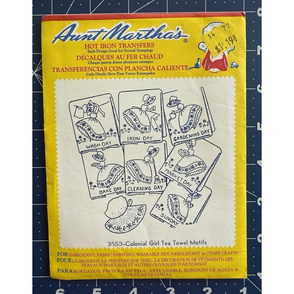 Aunt Martha's Hot Iron Embroidery Transfer Colonial Girl Tea Towel Motifs 3553